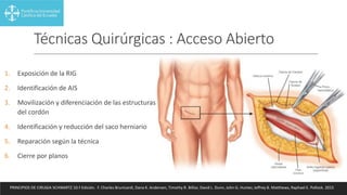 Técnicas Quirúrgicas : Acceso Abierto
1. Exposición de la RIG
2. Identificación de AIS
3. Movilización y diferenciación de las estructuras
del cordón
4. Identificación y reducción del saco herniario
5. Reparación según la técnica
6. Cierre por planos
PRINCIPIOS DE CIRUGIA SCHWARTZ 10.ª Edición. F. Charles Brunicardi, Dana K. Andersen, Timothy R. Billiar, David L. Dunn, John G. Hunter, Jeffrey B. Matthews, Raphael E. Pollock. 2015
 