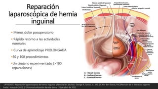 Reparación
laparoscópica de hernia
inguinal
 Menos dolor posoperatorio
 Rápido retorno a las actividades
normales
 Curva de aprendizaje PROLONGADA
50 y 100 procedimientos
Un cirujano experimentado (>100
reparaciones)
UPTODATE. Reparación laparoscópica de hernia inguinal y femoral en adultos. George A. Sarosi, Jr., MD. Dr. Kfir Ben-David, FACSRevisión de la literatura vigente
hasta: mayo de 2022. | Última actualización de este tema: 29 de abril de 2021.
 