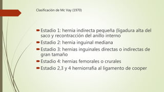 Clasificación de Mc Vay (1970)
Estadio 1: hernia indirecta pequeña (ligadura alta del
saco y recontracción del anillo interno
Estadio 2: hernia inguinal mediana
Estadio 3: hernias inguinales directas o indirectas de
gran tamaño
Estadio 4: hernias femorales o crurales
Estadio 2,3 y 4 herniorrafia al ligamento de cooper
 