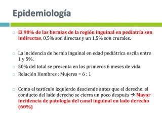 Epidemiología
 El 98% de las hernias de la región inguinal en pediatría son
indirectas, 0,5% son directas y un 1,5% son crurales.
 La incidencia de hernia inguinal en edad pediátrica oscila entre
1 y 5%.
 50% del total se presenta en los primeros 6 meses de vida.
 Relación Hombres : Mujeres = 6 : 1
 Como el testículo izquierdo desciende antes que el derecho, el
conducto del lado derecho se cierra un poco después  Mayor
incidencia de patología del canal inguinal en lado derecho
(60%)
 