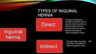 TYPES OF INGUINAL
HERNIA
Through hesselbachs
triangle in posterior wall of
inguinal canal (medially by
lateral border of rectus
sheath,below by inguinal
ligament,laterally by
inferior epigastric artery)
Direct
Inguinal
hernia
Through deep ring along
spermatic cord,lateral to
inferior epigastric artery
with
indirect
 