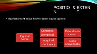 POSITIO
N
& EXTEN
T
• Inguinal hernia  above the inner part of inguinal ligament
Congenital
(complete)
Extend in to
scrotum
Inguinal
hernia acquired
(funicular)
Stops
above testis
 
