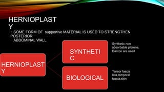 HERNIOPLAST
Y
• SOME FORM OF supportive MATERIAL IS USED TO STRENGTHEN
POSTERIOR
ABDOMINAL WALL
Synthetic non
absorbable prolene,
Dacron are used
SYNTHETI
C
HERNIOPLAST
Y Tensor fascia
lata,temporal
fascia,skin
BIOLOGICAL
 
