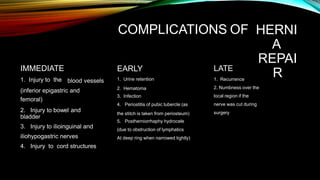COMPLICATIONS OF HERNI
A
REPAI
R
IMMEDIATE
1. Injury to the
LATE
1. Recurrence
2. Numbness over the
local region if the
nerve was cut during
surgery
EARLY
1. Urine retention
blood vessels
2.
3.
4.
Hematoma
Infection
Periostitis of pubic tubercle (as
(inferior epigastric and
femoral)
2. Injury to bowel and the stitch is taken from periosteum)
5. Postherniorrhaphy hydrocele
(due to obstruction of lymphatics
At deep ring when narrowed tightly)
bladder
3. Injury to ilioinguinal and
iliohypogastric nerves
4. Injury to cord structures
 