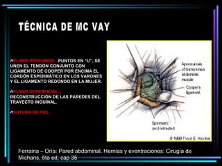 PLANO PROFUNDO.- PUNTOS EN “U”, SE
UNEN EL TENDÓN CONJUNTO CON
LIGAMENTO DE COOPER POR ENCIMA EL
CORDÓN ESPERMÁTICO EN LOS VARONES
Y EL LIGAMENTO REDONDO EN LA MUJER.

 PLANO SUPERFICIAL.-
RECONSTRUCCIÓN DE LAS PAREDES DEL
TRAYECTO INGUINAL.

 SUTURA DE PIEL




   Ferraina – Oría: Pared abdominal. Hernias y eventraciones: Cirugía de
   Michans, 5ta ed, cap 35
 