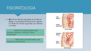 FISIOPATOLOGIA
 98% de las hernias inguinales en el niño se
deben a la persistencia del proceso vaginal.
Un 2%de las hernias inguinales son directas
o crurales.
Déficit de la pared posterior del
conducto inguinal, a nivel de la fascia
transversalis
Deficit está a nivel del anillo crural
medial a la vena femoral.
 
