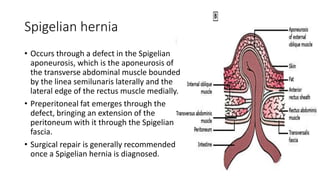 Spigelian hernia
• Occurs through a defect in the Spigelian
aponeurosis, which is the aponeurosis of
the transverse abdominal muscle bounded
by the linea semilunaris laterally and the
lateral edge of the rectus muscle medially.
• Preperitoneal fat emerges through the
defect, bringing an extension of the
peritoneum with it through the Spigelian
fascia.
• Surgical repair is generally recommended
once a Spigelian hernia is diagnosed.
 