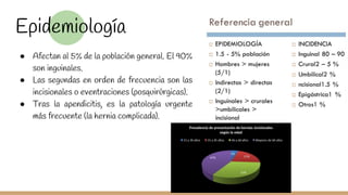 Epidemiología
● Afectan al 5% de la población general. El 90%
son inguinales.
● Las segundas en orden de frecuencia son las
incisionales o eventraciones (posquirúrgicas).
● Tras la apendicitis, es la patología urgente
más frecuente (la hernia complicada).
 