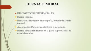HERNIA FEMORAL
 DIAGNÓSTICOS DIFERENCIALES.
 Hernia inguinal
 Hematoma iatrógeno: arteriografía, biopsia de arteria
femoral.
 Adenopatías: Paciente con linfoma o metástasis.
 Hernia obturatriz: Hernia en la parte superolateral de
canal obturador.
 