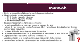 EPIDEMIOLOGÍA
• 5%de la población sufrirá una hernia de la pared abdominal
• 75%de todas las hernias son inguinales
• 2/3  Hernias inguinales indirectas
• 1/3  Hernias inguinales directas
• 3% Hernias femorales
• 25 vecesmas común en hombres que mujeres
• Hernia inguinal indirecta es la mas común al margen del sexo
• Mujeres  Mas común las hernias femorales (10:1) y umbilicales (2:1). Las hernias directas
son muy poco frecuentes
• Hombres  Hernias femoralesmuy poco frecuentes
• Las hernias inguinales indirectas y las femoralesse dan mas en el lado derecho
• La prevalencia de las hernias aumenta con la edad
• La estrangulación es la complicación grave mas común de las hernias
• La mayoría de las hernias estranguladas son hernias inguinales indirectas
 