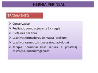  Conservativo
 Realizado como adjuvante à cirurgia
 Dieta rica em fibra
 Laxativos formadores de massa (psyllium)
 Laxativos osmóticos (docusatos, lactulona)
 Terapia hormonal (visa reduzir a próstata) –
castração, antiandrogênicos
HERNIA PERINEAL
TRATAMENTO
 