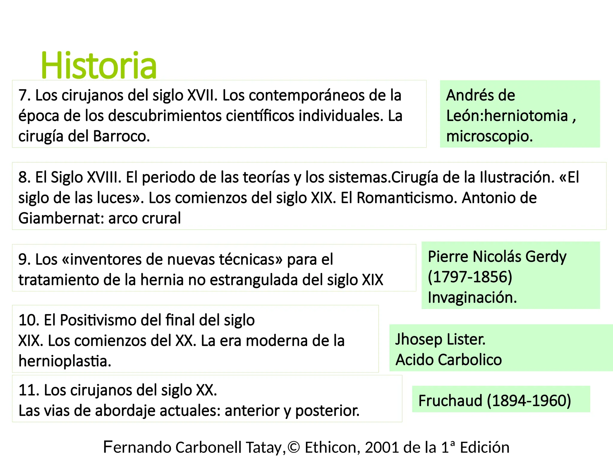 Fernando Carbonell Tatay,© Ethicon, 2001 de la 1ª Edición
Historia
7. Los cirujanos del siglo XVII. Los contemporáneos de la
época de los descubrimientos científicos individuales. La
cirugía del Barroco.
Andrés de
León:herniotomia ,
microscopio.
8. El Siglo XVIII. El periodo de las teorías y los sistemas.Cirugía de la Ilustración. «El
siglo de las luces». Los comienzos del siglo XIX. El Romanticismo. Antonio de
Giambernat: arco crural
9. Los «inventores de nuevas técnicas» para el
tratamiento de la hernia no estrangulada del siglo XIX
Pierre Nicolás Gerdy
(1797-1856)
Invaginación.
10. El Positivismo del final del siglo
XIX. Los comienzos del XX. La era moderna de la
hernioplastia.
Jhosep Lister.
Acido Carbolico
11. Los cirujanos del siglo XX.
Las vias de abordaje actuales: anterior y posterior.
Fruchaud (1894-1960)
 