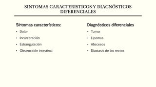 SINTOMAS CARACTERISTICOS Y DIAGNÓSTICOS
DIFERENCIALES
Diagnósticos diferenciales
• Tumor
• Lipomas
• Abscesos
• Diastasis de los rectos
Síntomas característicos:
• Dolor
• Incarceración
• Estrangulación
• Obstrucción intestinal
 