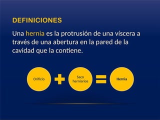 DEFINICIONES
Una hernia es la protrusión de una víscera a
través de una abertura en la pared de la
cavidad que la contiene.
Orificio
Saco
herniarios
Hernia
 