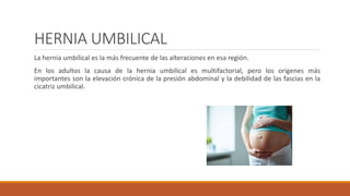 HERNIA UMBILICAL
La hernia umbilical es la más frecuente de las alteraciones en esa región.
En los adultos la causa de la hernia umbilical es multifactorial, pero los orígenes más
importantes son la elevación crónica de la presión abdominal y la debilidad de las fascias en la
cicatriz umbilical.
 