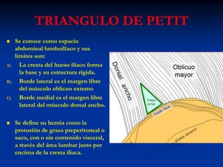 TRIANGULO DE PETIT
 Se conoce como espacio
abdominal lumboilíaco y sus
límites son:
A) La cresta del hueso iliaco forma
la base y su estructura rígida.
B) Borde lateral es el margen libre
del músculo oblicuo externo
C) Borde medial es el margen libre
lateral del músculo dorsal ancho.
 Se define su hernia como la
protusión de grasa preperitoneal o
saco, con o sin contenido visceral,
a través del área lumbar justo por
encima de la cresta iliaca.
 