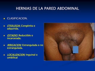 HERNIAS DE LA PARED ABDOMINAL
 CLASIFICACION.
 ETIOLOGIA: Congénita o
adquirida.
 ESTADIO: Reductible o
incarcerada.
 IRRIGACION: Estrangulada o no
estrangulada.
 LOCALIZACION: Inguinal o
umbilical
 