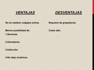 VENTAJAS                      DESVENTAJAS

No se realizan colgajos extras.   Requiere de grapadoras.


Menos posibilidad de:             Costo alto.
1.Seromas.


2.Hematoma.


3.Infección.


4.No deja cicatrices.
 