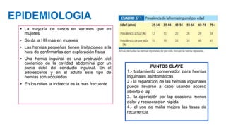 EPIDEMIOLOGIA
• La mayoría de casos en varones que en
mujeres
• Se da la HII mas en mujeres
• Las hernias pequeñas tienen limitaciones a la
hora de confirmarlas con exploración física
• Una hernia inguinal es una protrusión del
contenido de la cavidad abdominal por un
punto débil del conducto inguinal. En el
adolescente y en el adulto este tipo de
hernias son adquiridas
• En los niños la indirecta es la mas frecuente
PUNTOS CLAVE
1.- tratamiento conservador para hernias
inguinales asintomáticas
2.- la reparación de las hernias inguinales
puede llevarse a cabo usando acceso
abierto o lap
3.- la operación por lap ocasiona menos
dolor y recuperación rápida
4.- el uso de malla mejora las tasas de
recurrencia
 