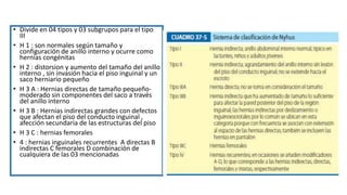 • Divide en 04 tipos y 03 subgrupos para el tipo
III
• H 1 : son normales según tamaño y
configuración de anillo interno y ocurre como
hernias congénitas
• H 2 : distorsion y aumento del tamaño del anillo
interno , sin invasión hacia el piso inguinal y un
saco herniario pequeño
• H 3 A : Hernias directas de tamaño pequeño-
moderado sin componentes del saco a través
del anillo interno
• H 3 B : Hernias indirectas grandes con defectos
que afectan el piso del conducto inguinal ,
afección secundaria de las estructuras del piso
• H 3 C : hernias femorales
• 4 : hernias inguinales recurrentes A directas B
indirectas C femorales D combinación de
cualquiera de las 03 mencionadas
 