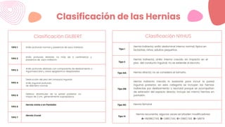 Clasificación de las Hernias
Clasificación NYHUS
Tipo I
Hernia Indirecta, anillo abdominal interno normal, típica en
lactantes, niños, adultos pequeños.
Tipo II
Hernia Indirecta; anillo interno crecido sin impacto en el
piso del conducto inguinal, no se extiende al escroto.
Tipo IIIA Hernia directa; no se considera el tamaño.
Tipo IIIB
Hernia indirecta crecida lo bastante para incluir la pared
inguinal posterior, en esta categoría se incluyen las hernias
indirectas por deslizamiento o escrotal porque se acompañan
de extensión del espacio directo; incluye asi mismo hernias en
pantalón.
Tipo IIIC Hernia femoral
Tipo IV
Hernia recurrente; algunas veces se añaden modificadores
A- INDIRECTAS B- DIRECTAS C- DIRECTAS D- MIXTA
Clasificación GILBERT
TIPO 1 Anillo profundo normal y presencia de saco indirecto
TIPO 2
Anillo profundo dilatado no más de 4 centímetros y
presencia de saco indirecto.
TIPO 3
Anillo profundo dilatado con componente de deslizamiento o
inguinoescrotal y vasos epigástricos desplazados
TIPO 4
Destrucción del piso del conducto inguinal.
Anillo inguinal profundo
de diámetro normal.
TIPO 5
Defecto diverticular de la pared posterior no
mayor de 2 cm, generalmente suprapúbica.
TIPO 6
Hernia mixta o en Pantalón
TIPO 7
Hernia Crural
 