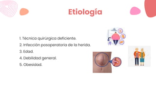 1. Técnica quirúrgica deficiente.
2. Infección posoperatoria de la herida.
3. Edad.
4. Debilidad general.
5. Obesidad.
Etiología
 
