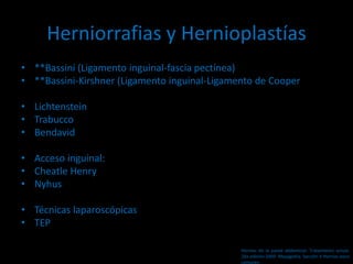 Herniorrafias y Hernioplastías
• **Bassini (Ligamento inguinal-fascia pectínea)
• **Bassini-Kirshner (Ligamento inguinal-Ligamento de Cooper
• Lichtenstein
• Trabucco
• Bendavid
• Acceso inguinal:
• Cheatle Henry
• Nyhus
• Técnicas laparoscópicas
• TEP
Hernias de la pared abdominal. Tratamiento actual.
2da edición 2009. Mayagoitia. Sección V Hernias poco
comunes
 