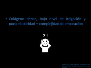 • Colágeno denso, bajo nivel de irrigación y
poca elasticidad = complejidad de reparación
Hernias de la pared abdominal. Tratamiento actual.
2da edición 2009. Mayagoitia. Sección V Hernias poco
comunes
 