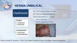  30 – 40 % de los recién nacidos.
 84 % de los bebes prematuros.
 Cierre espontáneo 2 – 4 años.
 Cierre deficiente.
 Hernia adquirida del adulto.
Clasificación
Origen
• Congénitas
• Adquiridas
Localización
• Umbilicales
• Paraumbilicales
HERNIA UMBILICAL
Fuente: Courtney M. Townsend, Jr., MD y Cols, Sabiston Tratado de Cirugía, 20.th Edición, Elsevier España 2016,
 
