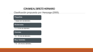 CONBASEALDEFECTOHERNIARIO
Clasificación propuesta por Herszage (2005).
Pequeñas
• Hasta 3cm dediámetro.
Moderadas
• 3 – 6 cms de diámetro.
Grandes
• 6 – 10 cms de diámetro.
Muy Grandes
• 10 – 20 cms de diámetro.
 