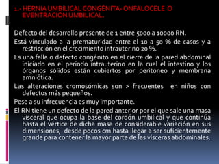 1.- HERNIA UMBILICAL CONGÉNITA- ONFALOCELE O
    EVENTRACIÓN UMBILICAL.

Defecto del desarrollo presente de 1 entre 5000 a 10000 RN.
Está vinculado a la prematuridad entre el 10 a 50 % de casos y a
   restricción en el crecimiento intrauterino 20 %.
Es una falla o defecto congénito en el cierre de la pared abdominal
   iniciado en el periodo intrauterino en la cual el intestino y los
   órganos sólidos están cubiertos por peritoneo y membrana
   amniótica.
Las alteraciones cromosómicas son > frecuentes en niños con
   defectos más pequeños.
Pese a su infrecuencia es muy importante.
El RN tiene un defecto de la pared anterior por el que sale una masa
   visceral que ocupa la base del cordón umbilical y que continúa
   hasta el vértice de dicha masa de considerable variación en sus
   dimensiones, desde pocos cm hasta llegar a ser suficientemente
   grande para contener la mayor parte de las vísceras abdominales.
 