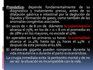 Pronóstico: depende fundamentalmente de su
  diagnostico y tratamiento precoz, antes de su
  dilatación gástrica e intestinal por la deglución de
  líquidos y formación de gases, como también de las
  anomalías congénitas asociadas.
En sacos de < de 8 cm de diámetro la supervivencia
  alcanza el 75%, en los de > o < 8 cm el promedio es
  de 28% y en los mayores, no excede el 17%.
En operados en las primeras 12 horas la mortalidad
  alcanza el 21.4%; hasta las 24 horas el 44% y
  después de este periodo el 61.6%.
El onfalocele gigante pueden romperse durante la
  vida intrauterina o durante el parto eviscerándose.
La cirugía inmediata evita la peritonitis mortal y de no
  ser así la situación es incompatible con la vida.
 
