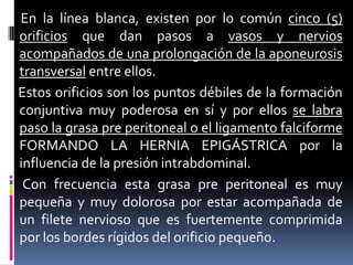 E En la línea blanca, existen por lo común cinco (5)
  orificios que dan pasos a vasos y nervios
  acompañados de una prolongación de la aponeurosis
  transversal entre ellos.
E Estos orificios son los puntos débiles de la formación
  conjuntiva muy poderosa en sí y por ellos se labra
  paso la grasa pre peritoneal o el ligamento falciforme
  FORMANDO LA HERNIA EPIGÁSTRICA por la
  influencia de la presión intrabdominal.
C Con frecuencia esta grasa pre peritoneal es muy
  pequeña y muy dolorosa por estar acompañada de
  un filete nervioso que es fuertemente comprimida
  por los bordes rígidos del orificio pequeño.
 
