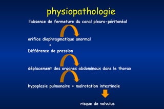 physiopathologie
l’absence de fermeture du canal pleuro-péritonéal

orifice diaphragmatique anormal
+
Différence de pression

déplacement des organes abdominaux dans le thorax

hypoplasie pulmonaire + malrotation intestinale

risque de volvulus

 