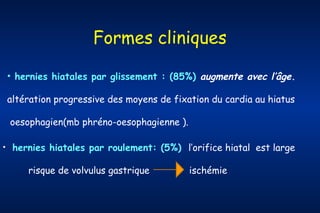Formes cliniques
• hernies hiatales par glissement : (85%) augmente avec l’âge.
altération progressive des moyens de fixation du cardia au hiatus
oesophagien(mb phréno-oesophagienne ).
•

hernies hiatales par roulement: (5%) l’orifice hiatal est large
risque de volvulus gastrique

ischémie

 