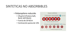 SINTETICAS NO ABSORBIBLES
• Polipropileno reducido
• 29 g/m2 (Prolene Soft,
Bard, Soft Mesh)
• Fuerza de 20 N/cm
• Contracción pasiva de 13%
 