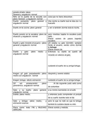 parado al lado: plano
General y angulación normal
Niño en la puerta de la escuela con
plano General y angulación normal
cosa que no fuera descansar.
Dueño pensando: plano general y
angulación normal
Una noche su dueño tuvo la idea de ir a
buscarlo
Dueño en la cocina: plano general y ver si también dormía toda la noche,
Dueño parado en la escalera: plano de
situación y angulación normal
pero mientras bajaba la escalera pudo
verlo…
Efecto sonoro de pasos bajando
escalera.
Dueño y gato mirando el acuario: plano
general y angulación normal
ahí estaba su gato dormilón, sentado
frente al acuario, viendo cómo dormía
la tortuga
Efecto sonoro de
Dueño y gato: plano medio y
angulación normal
Entonces su dueño se quedó allí
mirando en silencio al gato,
cuidando el sueño de su amiga tortuga.
Imagen gif gato parpadeando: plano
medio con angulación normal
despierto y sereno estaba
Imagen tortuga, efecto animación cuidando el sueño de su amiga tortuga.
Gif sol amaneciendo: plano
panorámico, angulación normal.
Al día siguiente pudo verlo como
de costumbre
Gato y su dueño: plano general,
angulación normal.
a su minino durmiendo en el sofá
Dueño: plano medio. y entonces pudo comprender el porqué
de su sueño durante todo el día
Gato y tortuga: plano medio, y
animación acercar.
pero lo que no notó es que la tortuga
también lo cuidaba desde su sitio.
Placa cierre: texto FIN y MUCHAS
GRACIAS.
Efecto sonido y melodía.
 