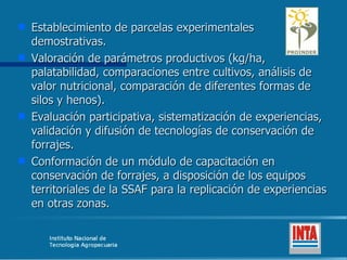 Establecimiento de parcelas experimentales demostrativas. Valoración de parámetros productivos (kg/ha, palatabilidad, comparaciones entre cultivos, análisis de valor nutricional, comparación de diferentes formas de silos y henos). Evaluación participativa, sistematización de experiencias, validación y difusión de tecnologías de conservación de forrajes. Conformación de un módulo de capacitación en conservación de forrajes, a disposición de los equipos territoriales de la SSAF para la replicación de experiencias en otras zonas. 