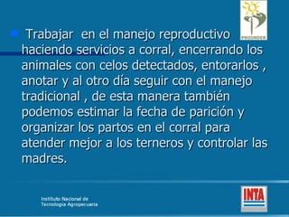 Trabajar  en el manejo reproductivo haciendo servicios a corral, encerrando los animales con celos detectados, entorarlos , anotar y al otro día seguir con el manejo tradicional , de esta manera también podemos estimar la fecha de parición y organizar los partos en el corral para atender mejor a los terneros y controlar las madres. 