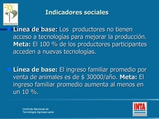 Indicadores sociales Línea de base:  Los  productores no tienen acceso a tecnologías para mejorar la producción.  Meta:  El 100 % de los productores participantes acceden a nuevas tecnologías. Línea de base:  El ingreso familiar promedio por venta de animales es de $ 30000/año.  Meta:  El ingreso familiar promedio aumenta al menos en un 10 %. 