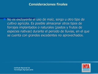 Consideraciones finales No es excluyente el uso de maíz, sorgo u otro tipo de cultivo agrícola. Es posible almacenar otros tipos de forrajes implantados o naturales (pastos y frutos de especies nativas) durante el periodo de lluvias, en el que se cuenta con grandes excedentes no aprovechados.  