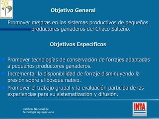 Objetivo General Promover mejoras en los sistemas productivos de pequeños productores ganaderos del Chaco Salteño. Objetivos Específicos Promover tecnologías de conservación de forrajes adaptadas a pequeños productores ganaderos. Incrementar la disponibilidad de forraje disminuyendo la presión sobre el bosque nativo. Promover el trabajo grupal y la evaluación participa de las experiencias para su sistematización y difusión. 