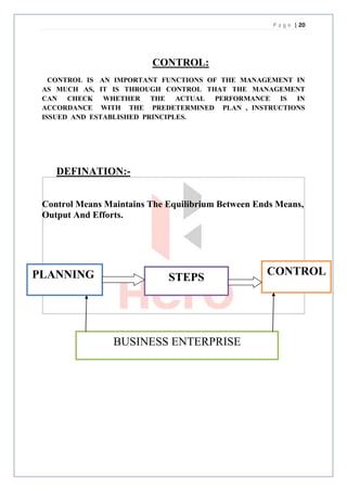 P a g e | 20




                         CONTROL:
   CONTROL IS AN IMPORTANT FUNCTIONS OF THE MANAGEMENT IN
 AS MUCH AS, IT IS THROUGH CONTROL THAT THE MANAGEMENT
 CAN CHECK WHETHER THE ACTUAL PERFORMANCE IS IN
 ACCORDANCE WITH THE PREDETERMINED PLAN , INSTRUCTIONS
 ISSUED AND ESTABLISHED PRINCIPLES.




    DEFINATION:-


 Control Means Maintains The Equilibrium Between Ends Means,
 Output And Efforts.




PLANNING                                           CONTROL
                             STEPS




                 BUSINESS ENTERPRISE
 