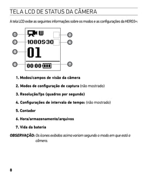 8
TELA LCD DE STATUS DA CÂMERA
A tela LCD exibe as seguintes informações sobre os modos e as configurações da HERO3+:
1. Modos/campos de visão da câmera
2. Modos de configuração de captura (não mostrado)
3. Resolução/fps (quadros por segundo)
4. Configurações de intervalo de tempo: (não mostrado)
5. Contador
6. Hora/armazenamento/arquivos
7. Vida da bateria
OBSERVAÇÃO: Os ícones exibidos acima variam segundo o modo em que está a
câmera.
 