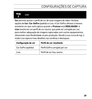 39
CONFIGURAÇÕES DE CAPTURA
COR
Cor permite ajustar o perfil de cor de suas imagens de vídeo. Há duas
opções de Cor: Cor GoPro (padrão) e Lisa. A Cor GoPro oferece a mesma
excelente cor que você captura quando o Protune está DESLIGADO. A
Lisa resulta em um perfil de cor neutra, que pode ser corrigido por cor,
para melhor adequação de imagens capturadas com outros equipamentos,
oferecendo mais flexibilidade na pós-produção. Devido à sua curva de log, o
modo Lisa captura mais detalhes nas sombras e destaques.
Configuração de cor Perfil de cor resultante
Cor GoPro (padrão) Perfil GoPro corrigido por cor
Lisa Perfil de cor lisa, neutra
 