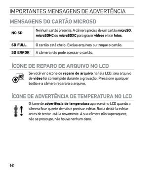 62
IMPORTANTES MENSAGENS DE ADVERTÊNCIA
MENSAGENS DO CARTÃO MICROSD
NO SD
Nenhum cartão presente. A câmera precisa de um cartão microSD,
microSDHC ou microSDXC para gravar vídeos e tirar fotos.
SD FULL O cartão está cheio. Exclua arquivos ou troque o cartão.
SD ERROR A câmera não pode acessar o cartão.
ÍCONE DE REPARO DE ARQUIVO NO LCD
Se você vir o ícone de reparo de arquivo na tela LCD, seu arquivo
de vídeo foi corrompido durante a gravação. Pressione qualquer
botão e a câmera reparará o arquivo.
ÍCONE DE ADVERTÊNCIA DE TEMPERATURA NO LCD
O ícone de advertência de temperatura aparecerá no LCD quando a
câmera ficar quente demais e precisar esfriar. Basta deixá-la esfriar
antes de tentar usá-la novamente. A sua câmera não superaquece,
não se preocupe, não houve nenhum dano.
 