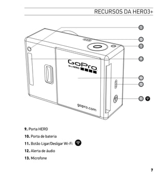 7
RECURSOS DA HERO3+
9. Porta HERO
10. Porta de bateria
11. Botão Ligar/Desligar Wi-Fi
12. Alerta de áudio
13. Microfone
 