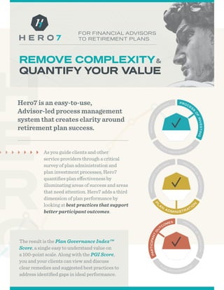 -
REMOVE COMPLEXITY&
QUANTIFY YOUR VALUE
FOR FINANCIAL ADVISORS
TO RETIREMENT PLANS
As you guide clients and other
service providers through a critical
survey of plan administration and
plan investment processes, Hero7
quantifies plan effectiveness by
illuminating areas of success and areas
that need attention. Hero7 adds a third
dimension of plan performance by
looking at best practices that support
better participant outcomes.
Hero7 is an easy‑to‑use,
Advisor‑led process management
system that creates clarity around
retirement plan success.
PROCES
S
O
F
INVESTING
P
L
A
N
ADMINISTRATIO
N
PARTICIPANT
O
U
TCOMES
The result is the Plan Governance Index™
Score, a single easy to understand value on
a 100-point scale. Along with the PGI Score,
you and your clients can view and discuss
clear remedies and suggested best practices to
address identified gaps in ideal performance.
 