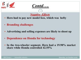 Contd….
Negative Effects
 Hero had to pay new model fees, which was hefty
• Branding challenges
 Advertising and selling expenses are likely to shoot up
• Dependence on Honda for technology
 In the two-wheeler segment, Hero had a 19.98% market
share while Honda controlled 42.55%
12
MM Group 2 Automobile Industtry Saturday, 22 October 2016
 
