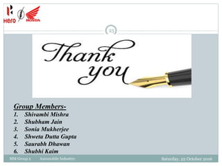 Saturday, 22 October 2016MM Group 2 Automobile Industtry
25
Group Members-
1. Shivambi Mishra
2. Shubham Jain
3. Sonia Mukherjee
4. Shweta Dutta Gupta
5. Saurabh Dhawan
6. Shubhi Kaim
 